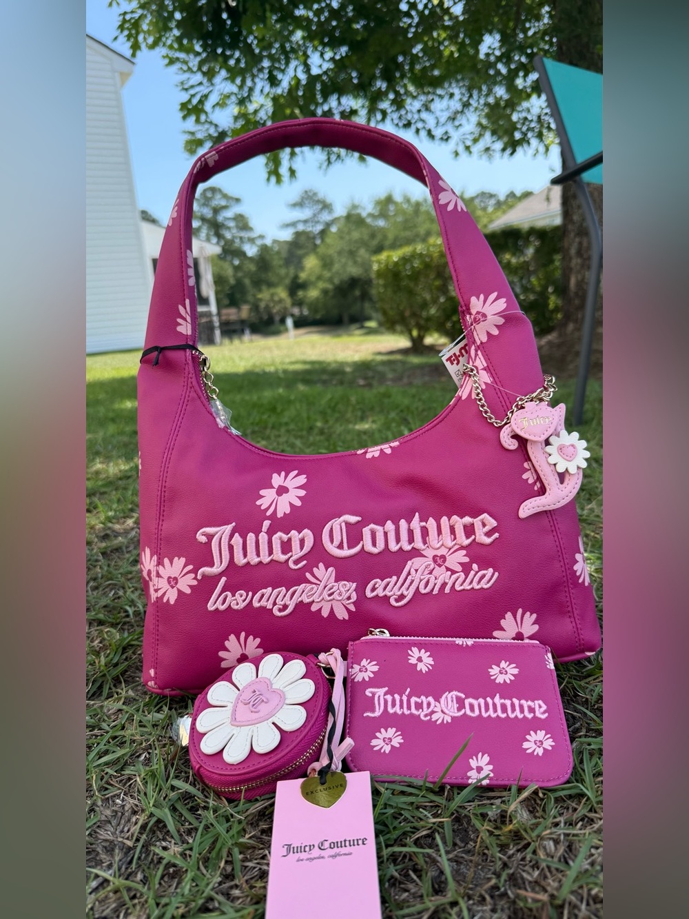 Juicy Couture Pink Daisy Shoulder Bag Wallet Coin Purse 3PC Y2K Set NWT